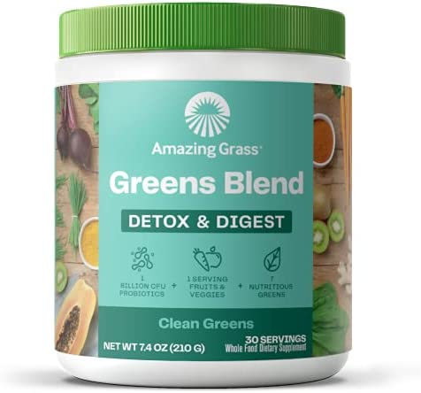 Amazing Grass Greens Blend Detox & Digest: Smoothie Mix, Cleanse with Super Greens Powder, Digestive Enzymes & Probiotics, Clean Green, 30 Servings (Packaging May Vary)