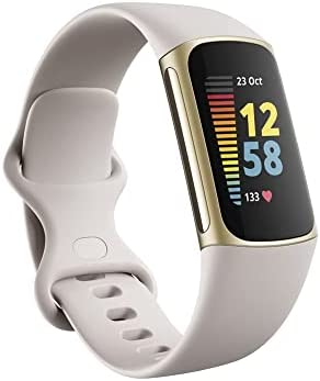Fitbit Charge 5 Advanced Fitness & Health Tracker with Built-in GPS, Stress Management Tools, Sleep Tracking, 24/7 Heart Rate and More, Lunar White/Soft Gold, One Size (S &L Bands Included)