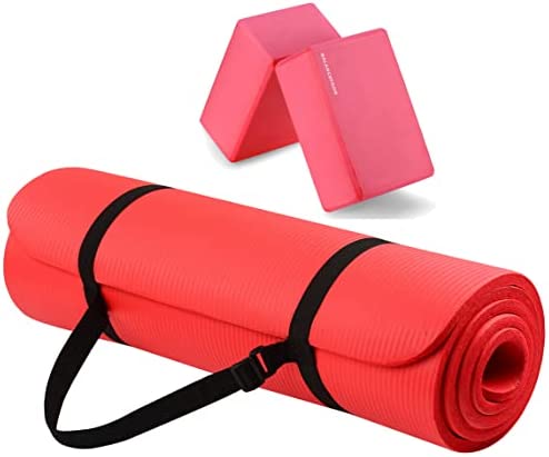 BalanceFrom All Purpose 1/2-Inch Extra Thick High Density Anti-Tear Exercise Yoga Mat with Carrying Strap and Yoga Blocks