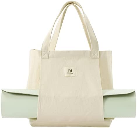 Moyaqi Canvas Tote Bag with Yoga Mat Carrier Pocket Carryall Shoulder Bag for Office, Workout, Pilates, Travel, Beach and Gym