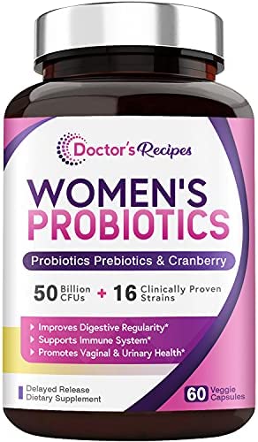 Doctor's Recipes Women’s Probiotic, 60 Caps 50 Billion CFU 16 Strains, with Organic Prebiotics Cranberry, Digestive Immune Vaginal & Urinary Health, Shelf Stable, Delayed Release, No Soy Gluten Dairy