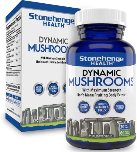 Stonehenge Health Dynamic Mushrooms - 100% Fruiting Bodies & Extracts - Lion’s Mane, Chaga, Maitake, Shiitake, Reishi - Nootropic Brain & Focus, Immune System Booster - No Mycelium -60 Veggie Capsules