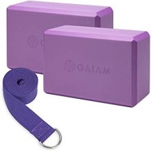 Gaiam Essentials Yoga Block 2 Pack & Yoga Strap Set, Deep Purple , 9"W x 6"H x 4"D