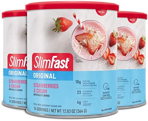 SlimFast Meal Replacement Powder, Original Strawberries & Cream, Weight Loss Shake Mix, 10g of Protein, 14 Servings (Pack of 3) (Packaging May Vary)