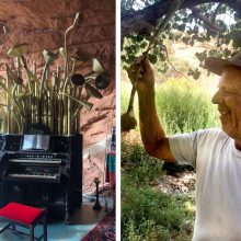 Left: a homemade instrument inside a cave. Right: a man stands outside holding a vegetable.