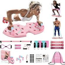 LALAHIGH Push Up Board, Portable Home Workout Equipment for Women & Men, 30 in 1 Home Gym System with Pilates Bar, Resistance Band, Booty Bands, Pushup Stands for Body Shaping - Pink Series