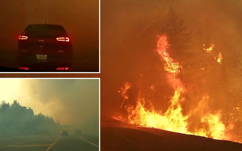 'Apocalyptic' dashcam video shows cars racing to escape wildfire and almost crashing as driver says 'I nearly died'