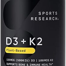 Sports Research Vitamin D3 + K2 with 5000iu of Plant-Based D3 & 100mcg of Vitamin K2 as MK-7 | Non-GMO Verified & Vegan Certified (60ct)
