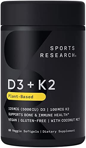 Sports Research Vitamin D3 + K2 with 5000iu of Plant-Based D3 & 100mcg of Vitamin K2 as MK-7 | Non-GMO Verified & Vegan Certified (60ct)