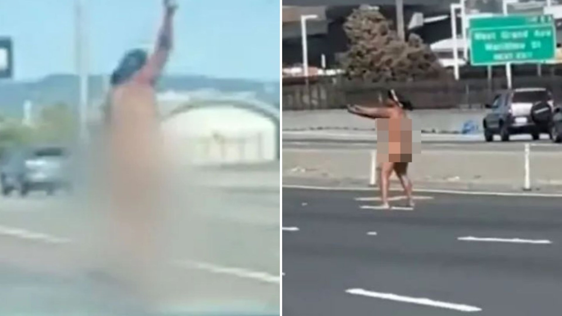 Bizarre moment a naked woman opens fire at drivers on one of America's busiest bridges during rush hour